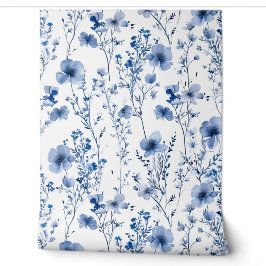 Blauw Witte Aquarel Wilde Bloem Bloemmotief Behang