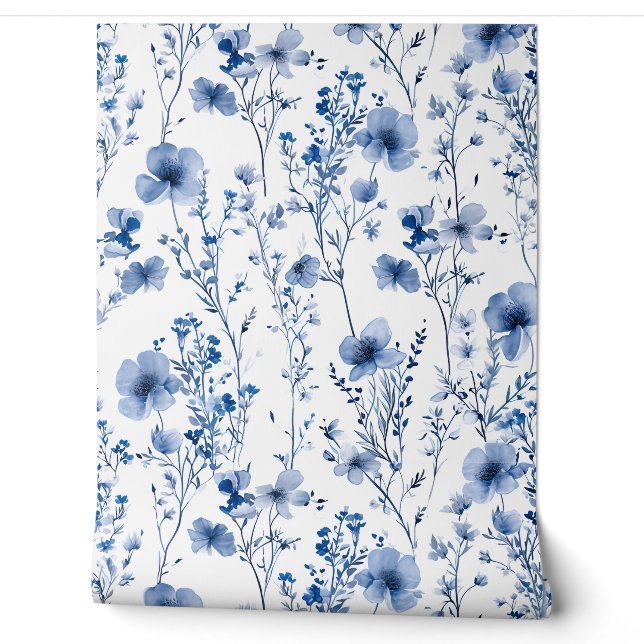 Blauw Witte Aquarel Wilde Bloem Bloemmotief Behang (Afrollen)