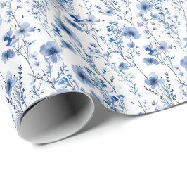 Blauw Witte Aquarel Wilde Bloem Bloemmotief Cadeaupapier