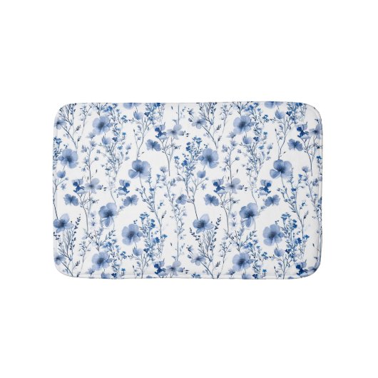 Blauw Witte Aquarel Wilde Bloem Bloemstuk Badmat (Voorkant)