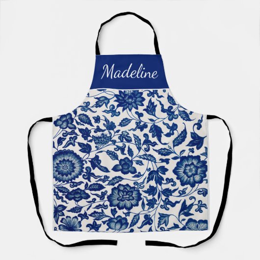 Blauw Witte Aquarel Wilde Bloem Eigen Naam Schort (Voorkant)