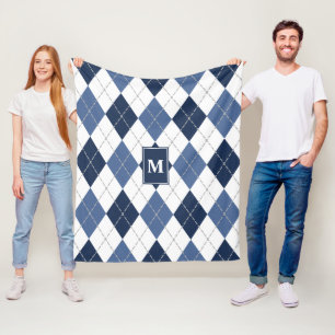 Blauw-witte Argyle plaid monogram Fleece Deken