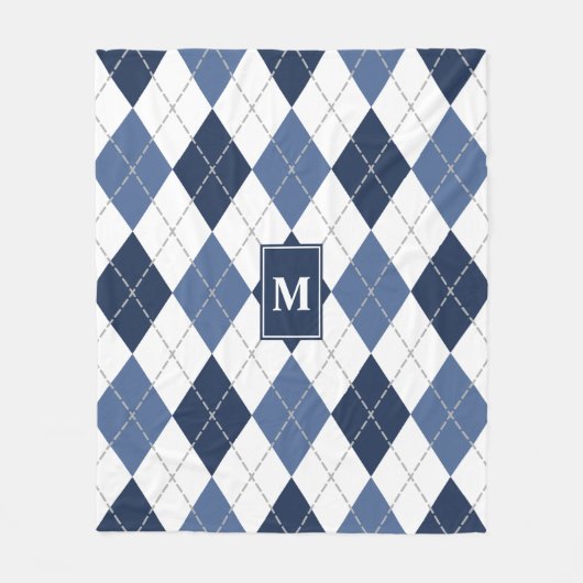 Blauw-witte Argyle plaid monogram Fleece Deken (Voorkant)