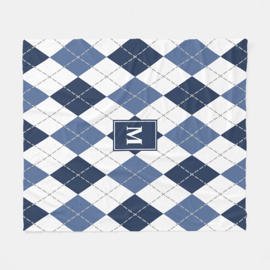 Blauw-witte Argyle plaid monogram Fleece Deken (Voorkant (Horizontaal))