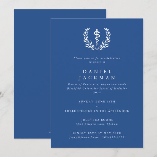 Blauw/Witte Asclepius Medische Afstudeerceremonie Kaart (Voorkant / Achterkant)