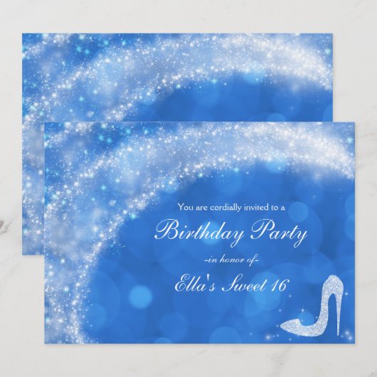 Blauw & Witte Assepoester Glitter Hak Feest Kaart (Voorkant / Achterkant)