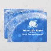 Blauw & Witte Assepoester Koets Trouw Datum Beware Aankondigingskaart (Voorkant / Achterkant)