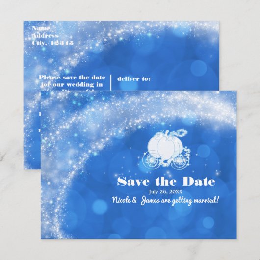 Blauw & Witte Assepoester Koets Trouw Save the Dat Aankondigingskaart (Voorkant / Achterkant)