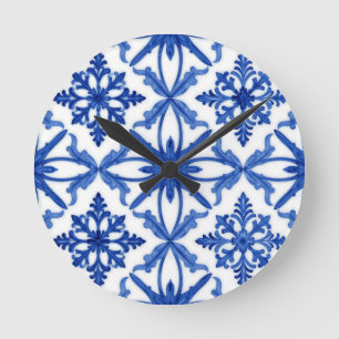 Blauw Witte Azulejo Tegel Bloemmotief Ronde Klok
