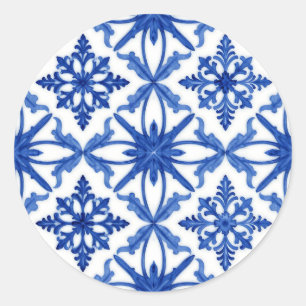 Blauw Witte Azulejo Tegel Bloemmotief Ronde Sticker