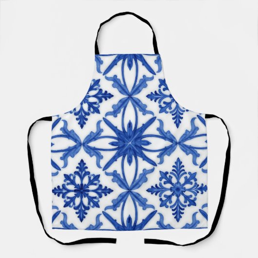 Blauw Witte Azulejo Tegel Bloemmotief Schort (Voorkant)