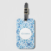 Blauw Witte Batik Bloem Naam Bagagelabel (Voorkant (verticaal))