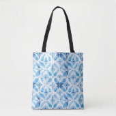 Blauw Witte Batik Bloem Tote Bag (Voorkant)