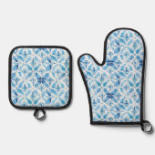 Blauw Witte Batik Bloemige Bruidsdouche Ovenwant & Pannenlap Set (Voorkant)