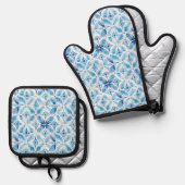 Blauw Witte Batik Bloemige Bruidsdouche Ovenwant & Pannenlap Set (Voorkant / Achterkant)