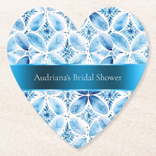 Blauw Witte Batik Bloemige Bruiloft Feest Kartonnen Onderzetters (Voorkant)