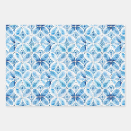 Blauw Witte Batik Bloemige Bruiloftsdouche Inpakpapier Vel