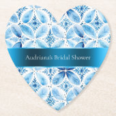 Blauw Witte Batik Bloemige Bruiloftsdouche Kartonnen Onderzetters (Voorkant)