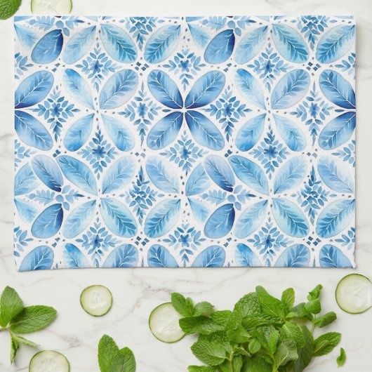 Blauw Witte Batik Bloemige Bruiloftsdouche Theedoek (Gevouwen)
