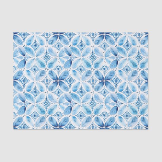 Blauw Witte Batik Bloemige Bruiloftsdouche Tissuepapier (Voorkant)