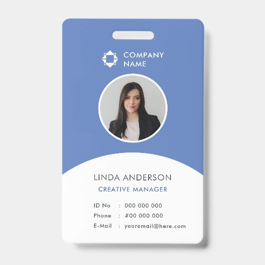 Blauw Witte Bedrijfslogo Modern Personeels Pasfoto Badge (Voorzijde)