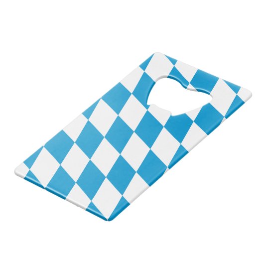 Blauw-witte Beierse Diamant Vlag Patroon Creditkaart Flessenopener (Voorkant Gekanteld)