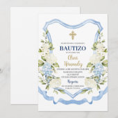 Blauw-witte bloem Bautizo Spaans Kaart (Voorkant / Achterkant)