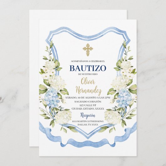 Blauw-witte bloem Bautizo Spaans Kaart (Voorkant / Achterkant)
