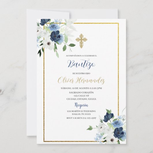 Blauw-witte bloem Bautizo Spaans Uitnodigen Kaart (Voorkant)