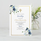 Blauw-witte bloem Bautizo Spaans Uitnodigen Kaart (Staand voorkant)