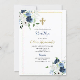 Blauw-witte bloem Bautizo Spaans Uitnodigen Kaart