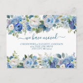 Blauw Witte Bloem Bloemen Script Verhuizen Aankondigingskaart (Voorkant)