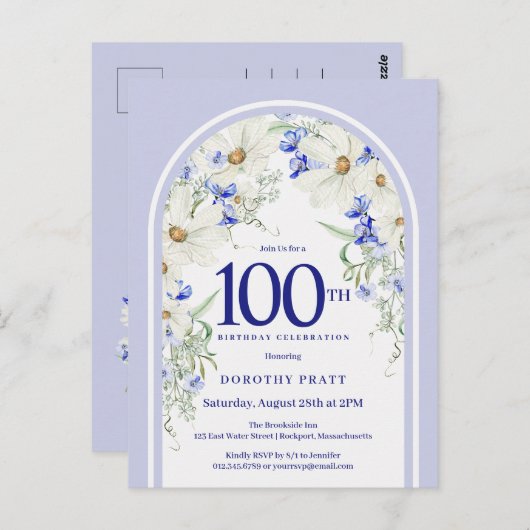 Blauw Witte Bloem Boho Boog 100ste Verjaardagsfees Briefkaart (Voorkant / Achterkant)
