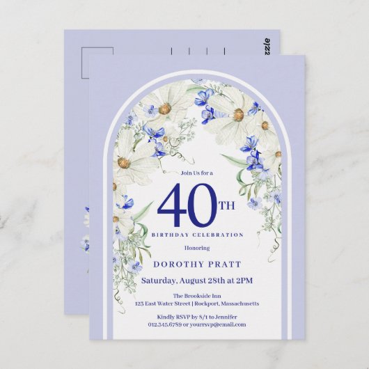 Blauw Witte Bloem Boho Boog 40e Verjaardagsfeestje Briefkaart (Voorkant / Achterkant)