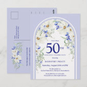 Blauw Witte Bloem Boho Boog 50ste Verjaardagsfeest Briefkaart (Voorkant / Achterkant)