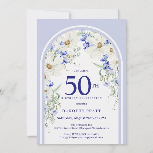 Blauw Witte Bloem Boho Boog 50ste Verjaardagsfeest Kaart (Voorkant)