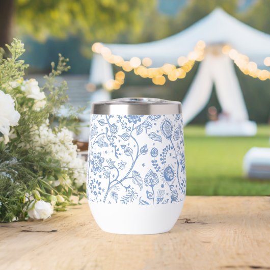 Blauw Witte Bloem Botanisch Patroon Whimsisch Boho (Bruiloft (Gedraaid) )