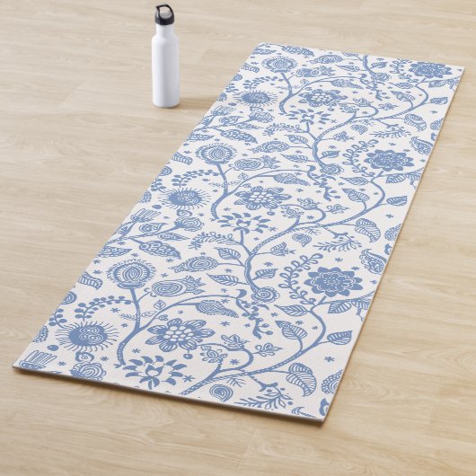 Blauw Witte Bloem Botanisch Patroon Whimsisch Boho Yogamat (In situ)