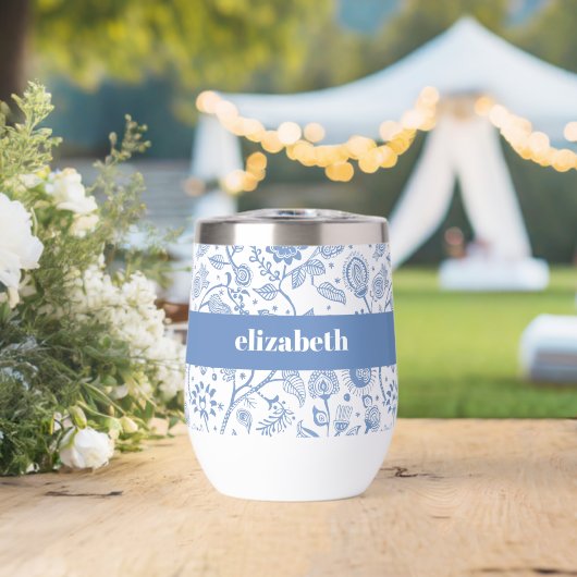 Blauw Witte Bloem Botanische Patroon Aangepaste Na (Bruiloft (Gedraaid)  )
