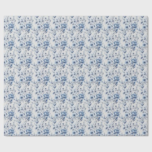 Blauw Witte Bloem Bruidsdouche Bruiloft Baby Showe Cadeaupapier (Vlak)