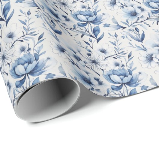 Blauw Witte Bloem Bruidsdouche Bruiloft Baby Showe Cadeaupapier (Rol Hoek)
