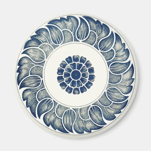 Blauw Witte Bloem Chinese Rond Magneet (Voorkant)
