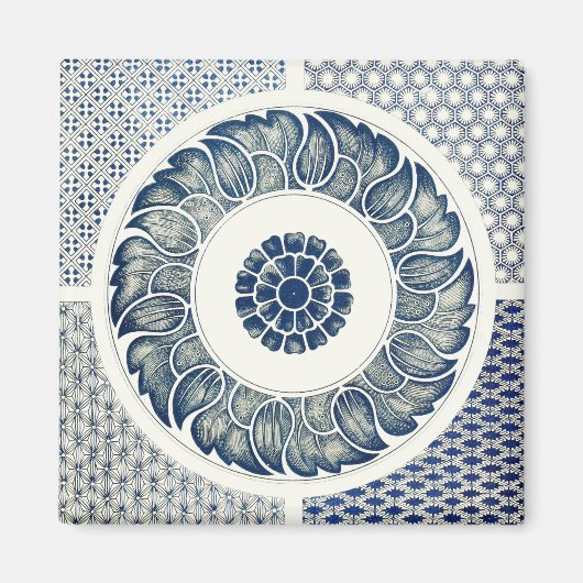 Blauw Witte Bloem Chinese Rond Magneet (Voorkant)