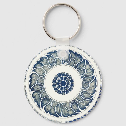 Blauw Witte Bloem Chinese Rond Sleutelhanger (Voorkant)