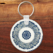 Blauw Witte Bloem Chinese Rond Sleutelhanger (Voorkant)