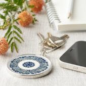 Blauw Witte Bloem Chinese Rond Sleutelhanger (Zijkant)