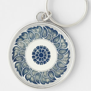 Blauw Witte Bloem Chinese Rond Sleutelhanger