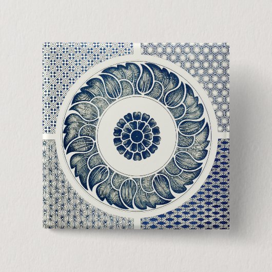Blauw Witte Bloem Chinese Rond Vierkante Button 5,1 Cm (Voorkant)
