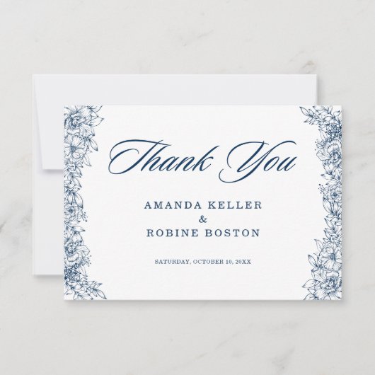 Blauw witte bloem Elegant Bedankkaart (Voorkant)
