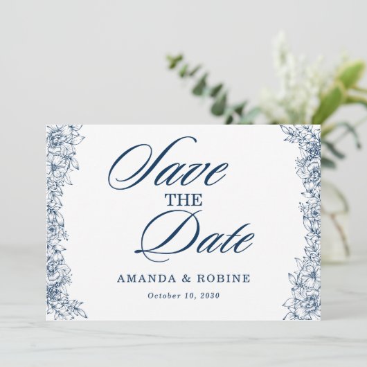Blauw Witte Bloem Elegant Eenvoudig Opslaan van de Save The Date (Staand voorkant)